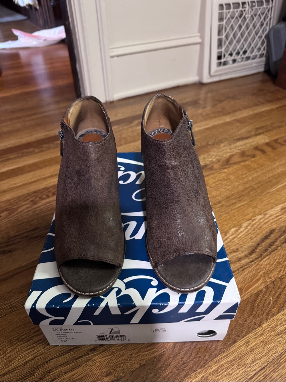 Lucky Brand Jaspah Peep Toe Wedge Booties Brindle Brown Leather Size 9M